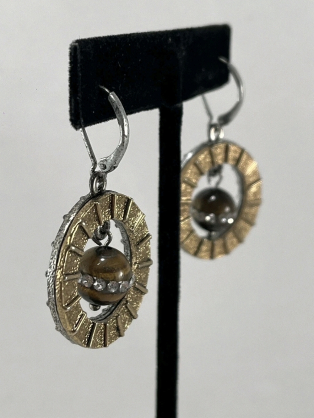 Tiger's Eye Gold And Silver Dangle Earring with Crystal Rhinestones
